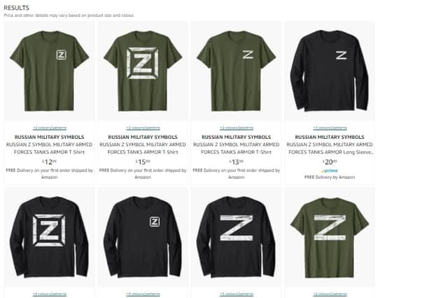 A screenshot of the Russian ‘Z’ symbol t-shirts on sale on Amazon (NationalWorld)