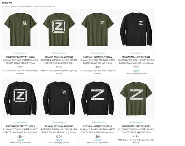 A screenshot of the Russian ‘Z’ symbol t-shirts on sale on Amazon (NationalWorld)
