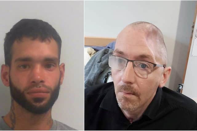  Daniel George Johnson (left) struck Jamie Kelly, 41, (right) last September such force that surgeons had to remove a large part of his skull while treating a bleed on his brain. 