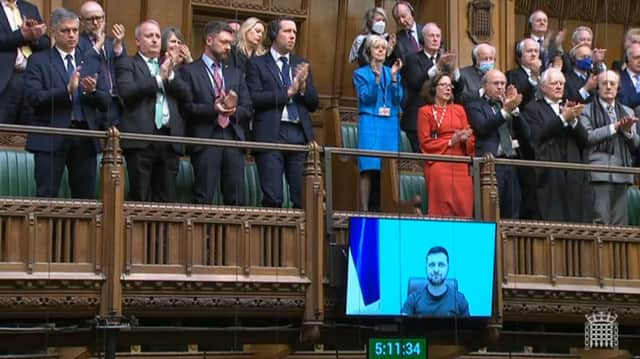 President Zelensky made history by appearing by video link in the House of Commons (Credit: PA)