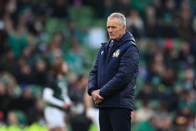 Kieran Crowley, the Italy head coach looks on during the Six Nations Rugby match between Ireland and Italy at Aviva Stadium on February 27