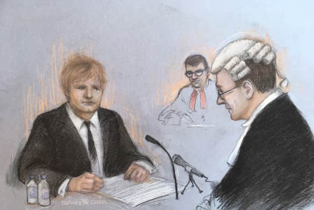 Court artist sketch by Elizabeth Cook of Ed Sheeran (Photo: PA)