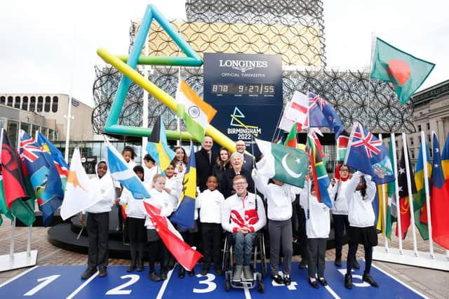 <p>Athletics athlete Sarah McDonald of Team England, David Grevemberg, Chief Executive of the Commonwealth Games Federation, Matthieu Baumgartner, Vice President Marketing Longines, Dame Louise Martin, President of the Commonwealth Games Federation and Athletics para-athlete Nathan Maguire of Team England pose for a photo during the launch of the Birmingham 2022 Commonwealth Games official Countdown Clock on March 09, 2020 in Birmingham, England. Sponsored by Longines, the Countdown Clock will take prime position in Centenary Square with Birmingham 2022 starting the multi-games partnership between the Commonwealth Games Federation and Longines. (Photo by Miles Willis/Getty Images)</p>