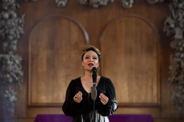 : Emeli SandÃ© during the Fayre of St James's Christmas Carol Concert 2020 at St James's Church in Piccadilly on December 01, 2020 in London, England. (Photo by Kate Green/Getty Images)
