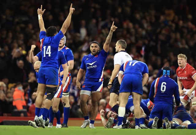 Peato Mauvaka of France celebrates at full time during the Guinness Six Nations Rugby match between Wales and France at Principality Stadium on March 11