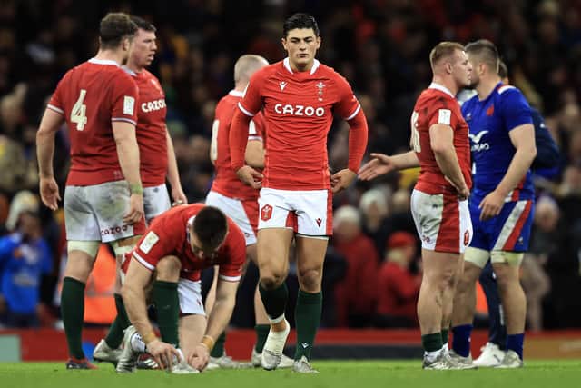 Louis Rees-Zammit of Wales looks dejected at full time after the Guinness Six Nations Rugby match between Wales and France at Principality Stadium 