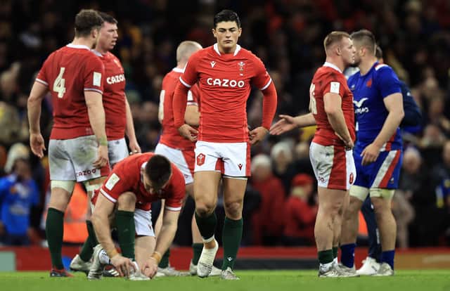Louis Rees-Zammit of Wales looks dejected at full time after the Guinness Six Nations Rugby match between Wales and France at Principality Stadium 