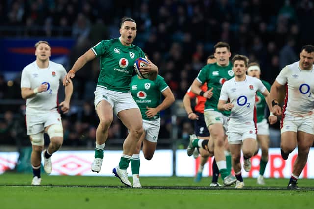 James Lowe of Ireland runs with the ball during the Guinness Six Nations Rugby match between England and Ireland at Twickenham Stadium 