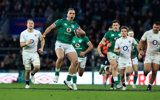 James Lowe of Ireland runs with the ball during the Guinness Six Nations Rugby match between England and Ireland at Twickenham Stadium 