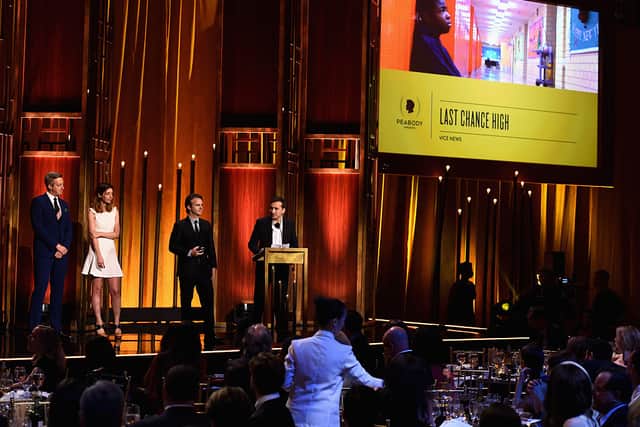 Brent Renaud, pictured at the lectern alongside his brother Craig, won a Peabody award in 2015 for a VICE News documentary he had co-created (image: Getty Images)