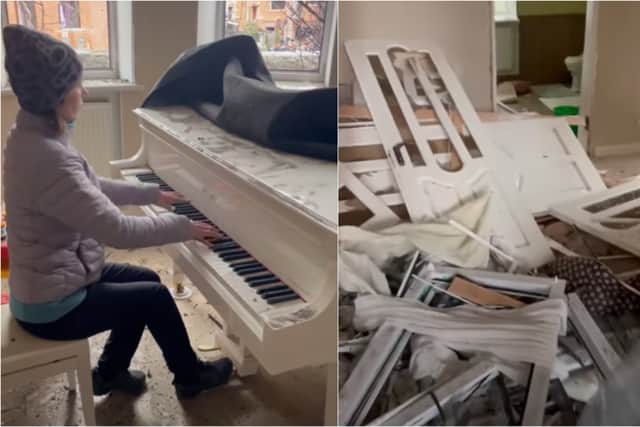Ukrainian mum defiantly plays piano to 'say goodbye' to bombed home in  heartbreaking clip
