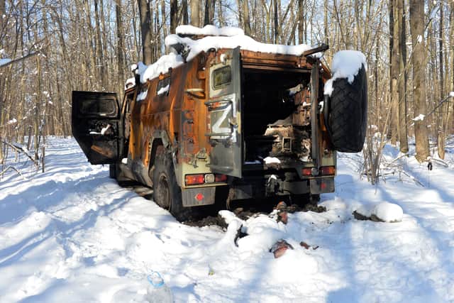 A Russian vehicle is abandoned just outside Kharkiv in eastern Ukraine. (Credit: Getty