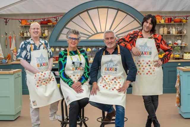 Matt Lucas, Prue Leith, Paul Hollywood, and Noel Fielding in the Bake Off tent (Credit: Channel 4)