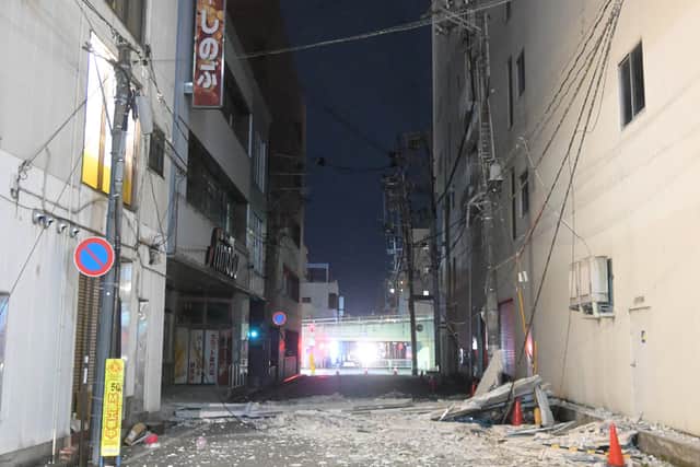 A picture shows  collapsed walls of building following an earthquake in Fukushima after Wednesday’s earthquake.