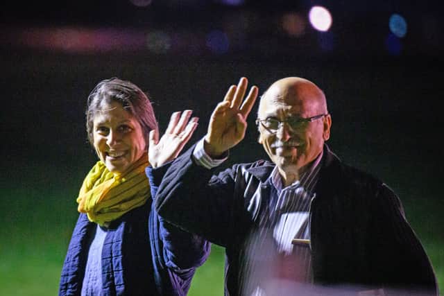 Nazanin Zaghari-Ratcliffe (L) and Anoosheh Ashoori, who were freed from Iran, wave after landing at RAF Brize Norton on March 17, 2022 in Brize Norton, England (Photo: Leon Neal/Getty Images)
