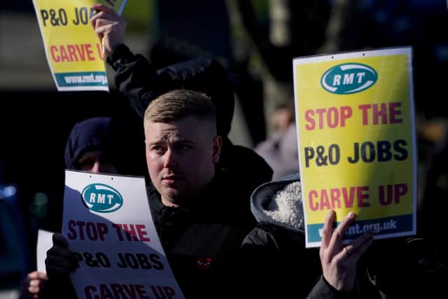 Former P&O staff and RMT members block the road leading to the Port of Dover as P&O Ferries suspended sailings and handed 800 seafarers immediate severance notices (Photo: PA)