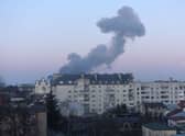Smoke rises after an explosion in the western Ukrainian city of Lviv, after Russian forces destroyed an aircraft repair plant (Photo: YURIY DYACHYSHYN/AFP via Getty Images)