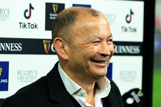 Eddie Jones, the England head coach, smiles as he faces the television cameras after their defeat in the Guinness Six Nations Rugby match between France and England at the Stade de France