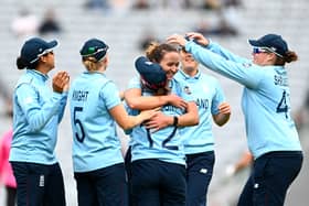 Cross celebrates one of her three wickets against New Zealand
