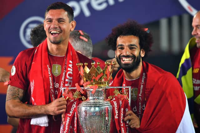 Dejan Lovren and Mo Salah celebrate Liverpool’s Premier League triumph in 2020. Picture: Paul Ellis/Pool via Getty Images