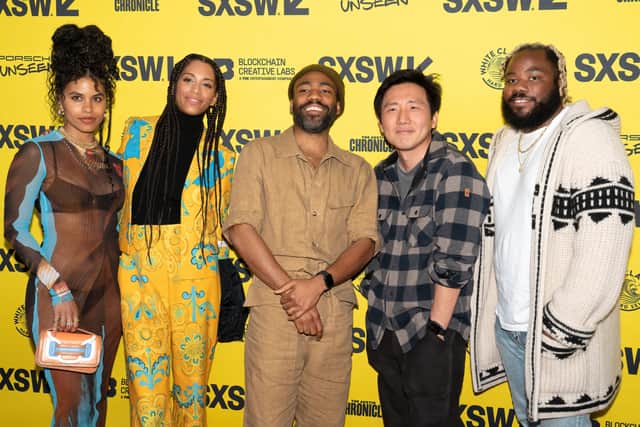 (L-R) US-German actress Zazie Beetz, screenwriter Stefani Robinson, actor-musician Donald Glover, filmmaker Hiro Murai and screenwriter Stephen Glover attend the Season 3 premiere of “Atlanta” during the 2022 SXSW Conference and Festivals (Photo by SUZANNE CORDEIRO/AFP via Getty Images)