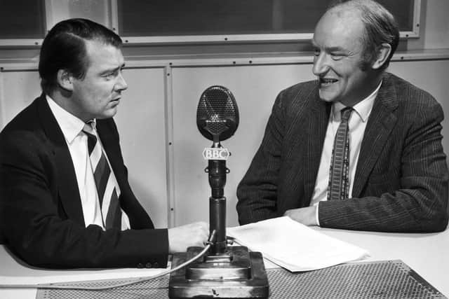  Dr Francis Crick (right), discusses his script for the BBC European English Service series, ‘The World-Picture, 1960,’ with the producer of the show, Ian Lang. Crick, along with Dr. James D Watson, discovered and studied DNA. 
