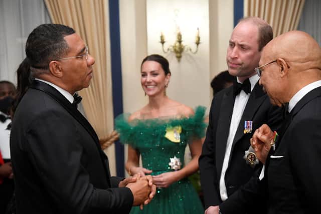 (L-R) Prime Minister of Jamaica Andrew Holness, Catherine, Duchess of Cambridge, Prince William, Duke of Cambridge and Governor General of Jamaica Patrick Allen (Photo: Toby Melville - Pool/Getty Images)