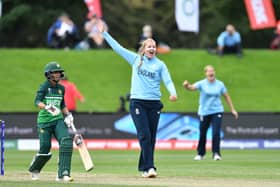 Eccelstone celebrates one of her three wickets against Pakistan