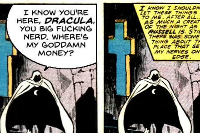 A side by side image of a Moon Knight comic panel, one edited and one not (Credit: Mark Bright, Josef Rubinstein, Ken Feduniewicz, and Jack Morelli/Marvel Comics, via Gizmodo)