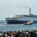 A British cruise liner carries troops from Southampton during the Falklands War