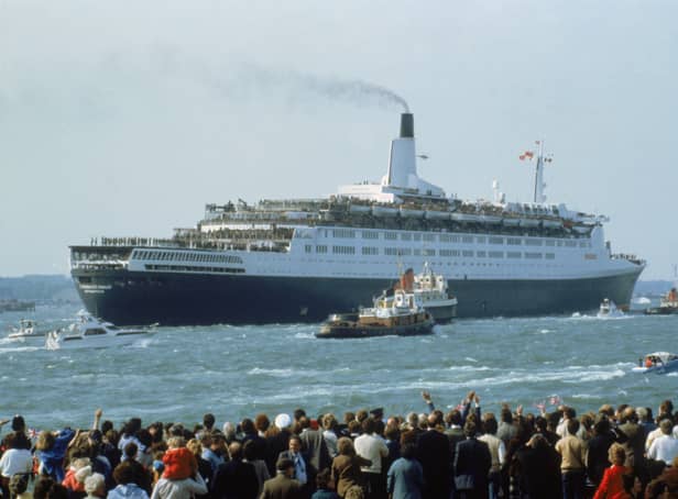 <p>A British cruise liner carries troops from Southampton during the Falklands War</p>