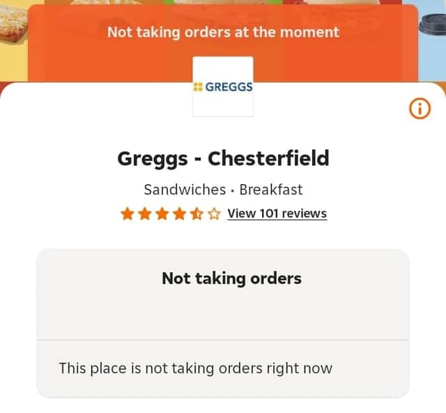 Would-be customers are met with a message saying Greggs is not taking orders, as a result of strike action by couriers in Chesterfield
