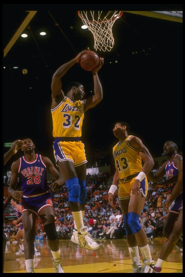 Johnson pulls down a rebound during a game in the 1988-89 season