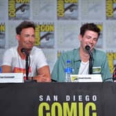 (L-R) Tom Cavanagh, Grant Gustin and Candice Patton speak at “The Flash” Special Video Presentation and Q&A during 2019 Comic-Con International in California. (Photo by Amy Sussman/Getty Images)