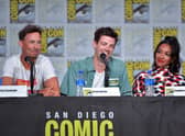 (L-R) Tom Cavanagh, Grant Gustin and Candice Patton speak at “The Flash” Special Video Presentation and Q&A during 2019 Comic-Con International in California. (Photo by Amy Sussman/Getty Images)