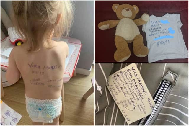 Parents in Ukraine have been writing information on their children and their clothes (Photos: alexsandra.mako / seriousgarry)