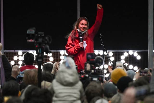 Greta Thunberg speaks on stage at a climate protest in Glasgow. (Credit: Getty Images)