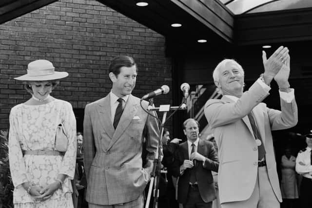 Diana, Princess of Wales, Charles, Prince of Wales, and  English DJ, television and radio broadcaster Jimmy Savile, at the opening of the National Spinal Injuries Centre at Stoke Mandeville Hospital,on 4 August 1983. (Photo: Hilaria McCarthy/Daily Express/Hulton Archive/Getty Images)