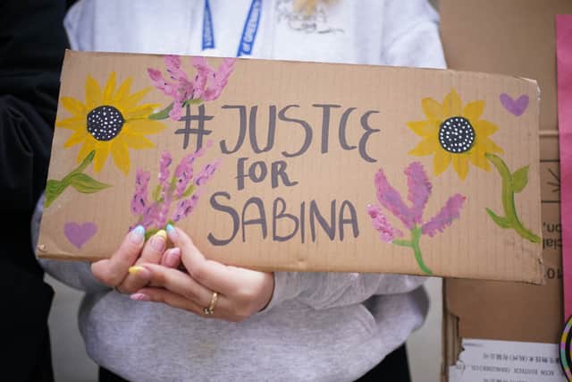 Supporters from the Sabina Project outside the Old Bailey, central London, ahead of the sentencing Koci Selamaj.