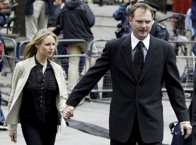 <p>John Leslie and his then girlfriend Abbie Titmus arrive at Bow Street Magistrates court in 2003 (Photo: Getty)</p>