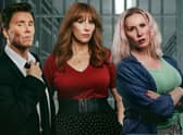 Catherine Tate as Marco, with Catherine Tate as Laura, and Catherine Tate as Big Viv in Catherine Tate’s new comedy Hard Cell (Credit: Netflix)