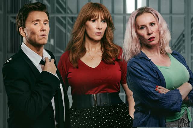 Catherine Tate as Marco, with Catherine Tate as Laura, and Catherine Tate as Big Viv in Catherine Tate’s new comedy Hard Cell (Credit: Netflix)