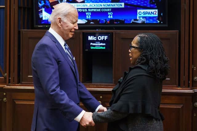 US President Joe Biden and Judge Ketanji Brown Jackson watched the Senate vote on her nomination to be an associate justice on the US Supreme Court, from the Roosevelt Room of the White House on 7 April 2022 (Photo: MANDEL NGAN/AFP via Getty Images)