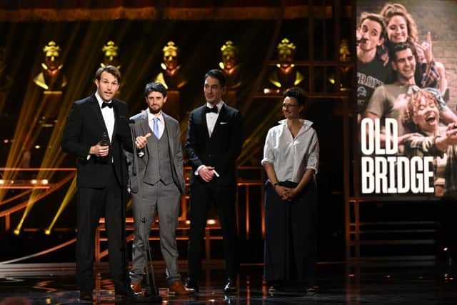 George Turvey, Chris Foxton and cast accept the award for Outstanding Achievement in Affiliate Theatre for Old Bridge (Photo: Jeff Spicer/Getty Images for SOLT)