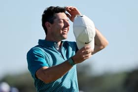 Rory McIlroy after chipping in for birdie from the bunker on the 18th green during the final round of the Masters (Photo by Gregory Shamus/Getty Images)