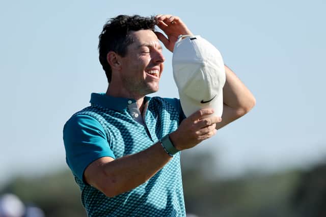 Rory McIlroy after chipping in for birdie from the bunker on the 18th green during the final round of the Masters (Photo by Gregory Shamus/Getty Images)