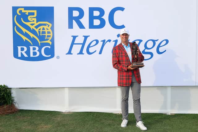 Stewart Cink of the United States poses with the trophy after winning the RBC Heritage on April 18, 2021