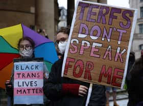 A demonstrator holding a sign which says ‘TERFs don’t speak for me’ (Photo: Hollie Adams/Getty Images)