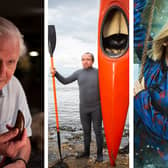 David Attenborough gesturing with a dinosaur tooth, Eddie Marsan holding a canoe, and Jodie Whittaker swinging on a rope (Credit: BBC; ITV; BBC)