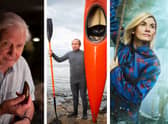 David Attenborough gesturing with a dinosaur tooth, Eddie Marsan holding a canoe, and Jodie Whittaker swinging on a rope (Credit: BBC; ITV; BBC)